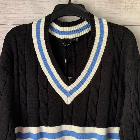 Balboa Fashion Cable Knit Tennis Sweater Black Blue Striped Crop With Tag Size L - Picture 2 of 16
